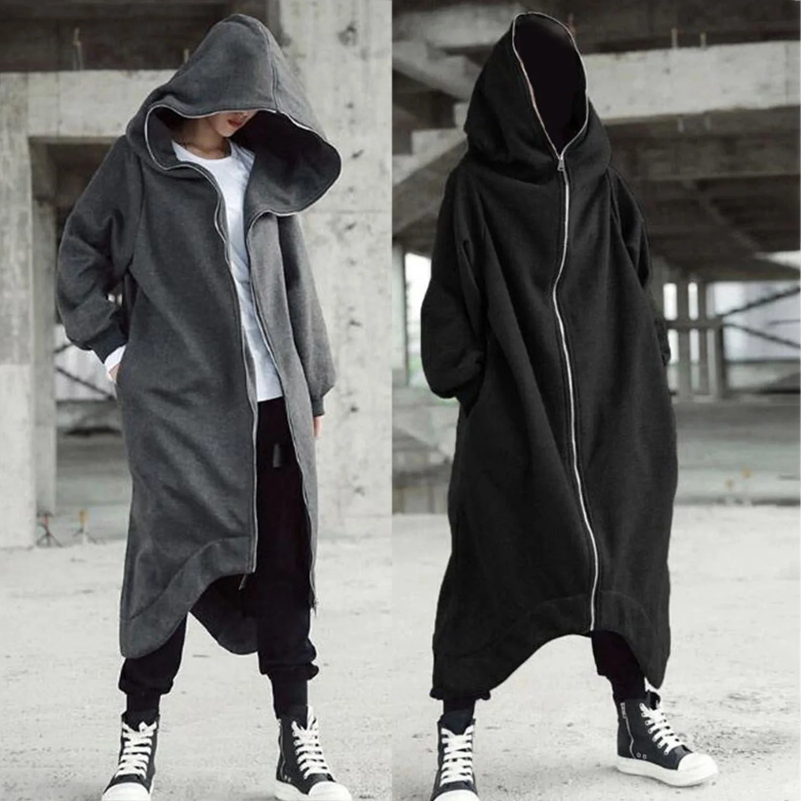 Newly Unisex Long Sleeve Hooded Nazgul Long Coat Zipper Closure Fleece Lined Long Hoodie