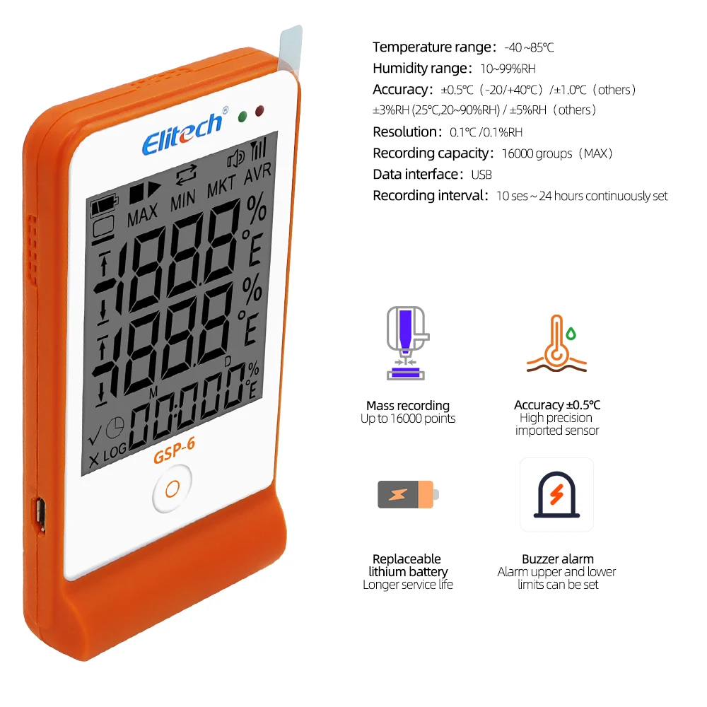 Temperature Humidity Monitor Thermometer Digital Data Logger Recorder Elitech GSP-6 16000 Points Home Refrigeration Cold Chain