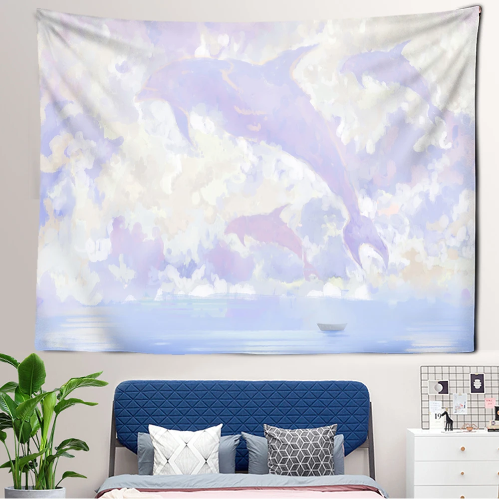 Cartoon Comics The sky Dolphin  Tapestry Wall Hanging  PinkPurple  Cloud Tapestries Bedroom Wall Decor Kawaii Room Decor