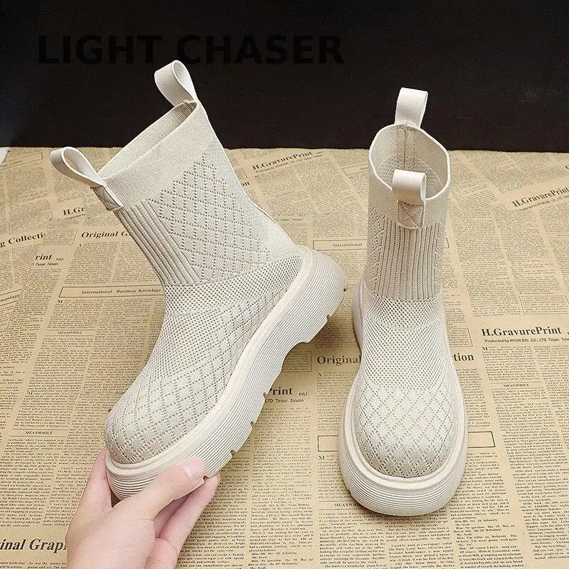 

New Knitted Elastic Stocking Boots Women's Autumn And Winter New Style Women's Boots Thick-soled Breathable Women's Short Boots