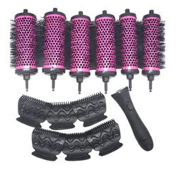 6pcs/set 3 Sizes Detachable Handle Hair Roller Brush with Positioning Clips Aluminum Ceramic Barrel Curler Comb Hairdresser