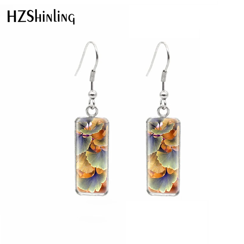 2021 New Fashion Ginkgo Biloba Floral Pattern Rectangle Hook Earrings Dangle Earrings Glass Cabochon Jewelry