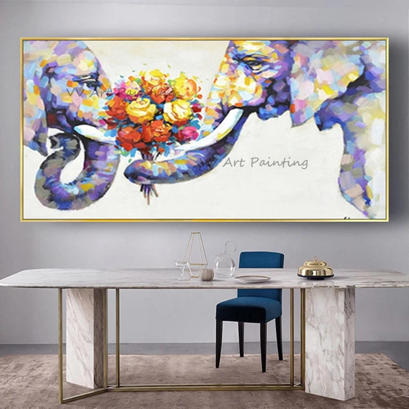 100% Handpainted Animal Oil Painting Abstract On Canvas Modern Home Decor Flower Wall Picture Elephant Drawing For Family Love