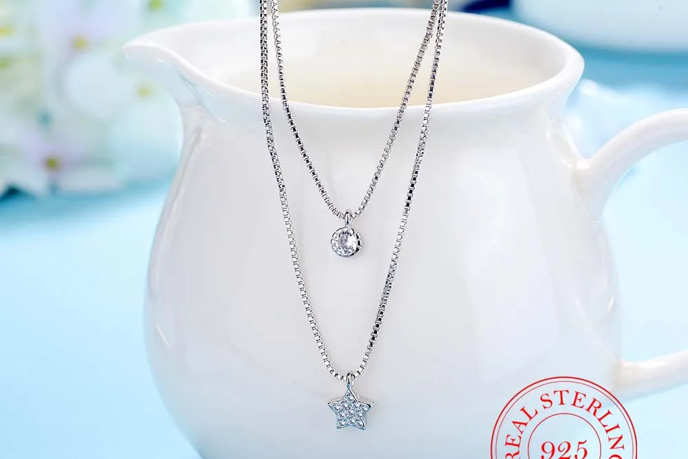 New Fashion 925 Sterling Silver Double Layers Necklace Star & Heart Pendent Collarbone Necklace Chain For Women & Girl Jewelry