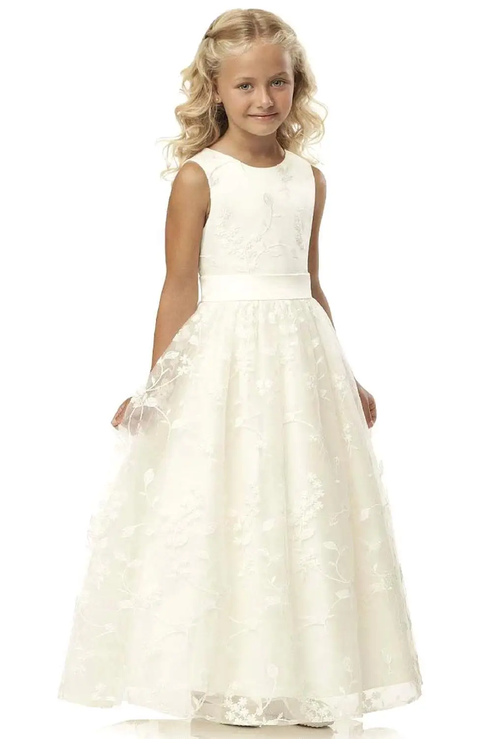 

Customized Lace Flower Girl Dresses A line Tulle Communion Gown White Ivory Little Bride Dress Sleeveless Wedding Party Dress