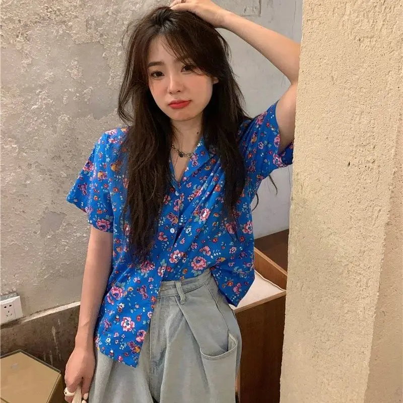 Shirts Women Floral Summer Fashion Elegant Retro Casual Korean Style Holiday All-match Chic Streetwear College Female Tops Soft