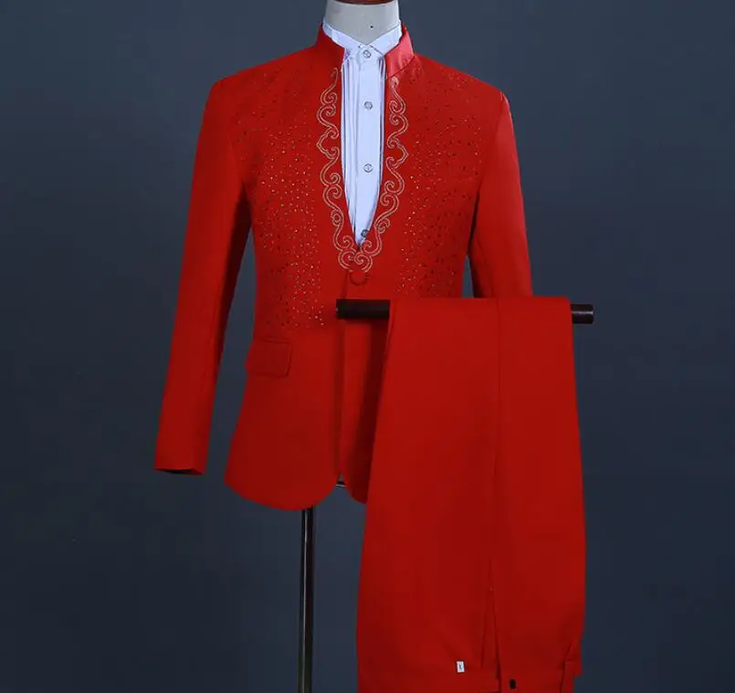 Stage Chorus Men Dresses Red Sparkly Crystals Embroidery Blazers Suit Wedding Groom White Suits Singer Host 2-Piece Set Costume