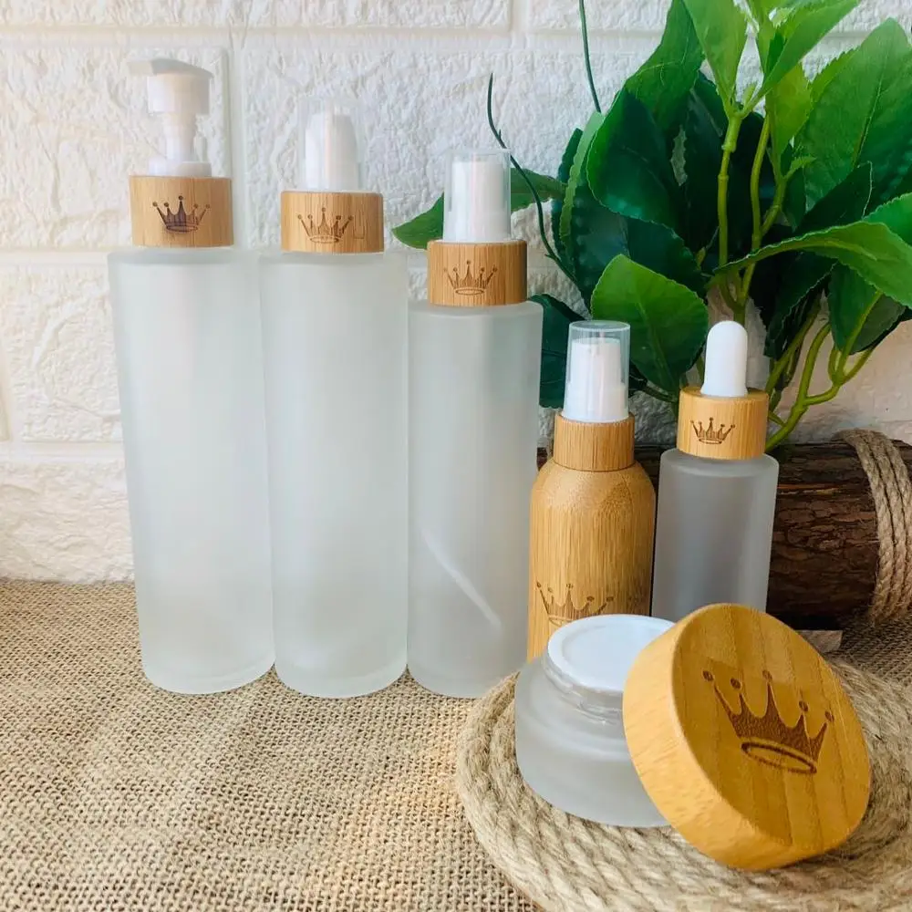 

eco-friendly wooden lid bamboo cap 30ml 50ml 100ml 120ml 150ml clear frosted glass bottles cosmetic containers lot