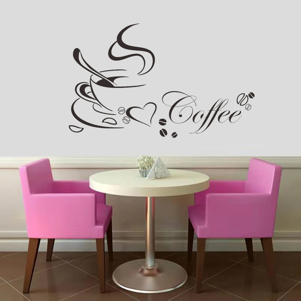 Autocollants Muraux Amovibles en Vinyle avec Citation en Forme de Tasse à Café et Cœur, Art Mural pour Restaurant et Cuisine, Décoration de Maison, DIY, Livraison Directe