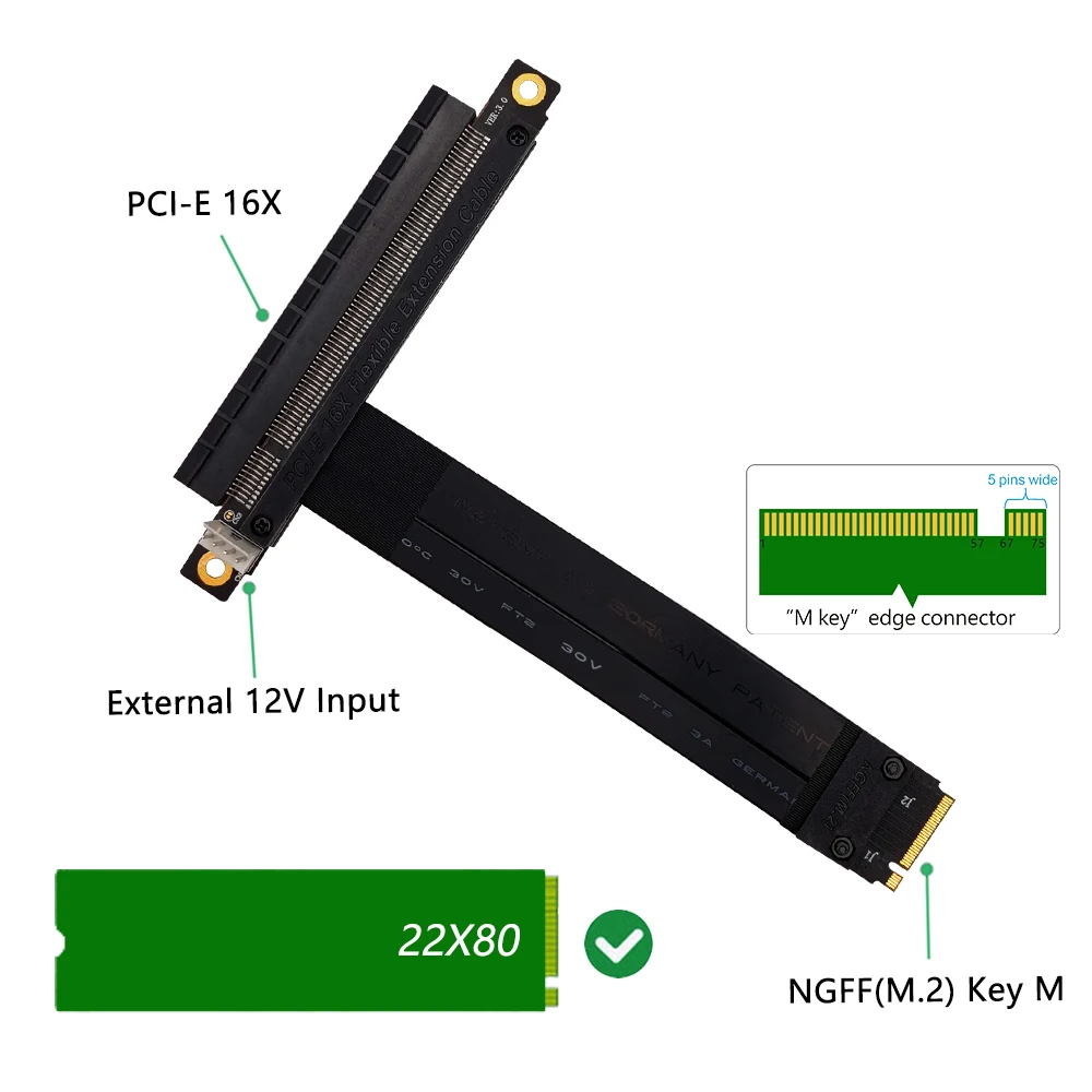

M.2 NGFF NVMe Key M to PCIe 3.0 X16 Extension Cable (180° PCI-E Slot)