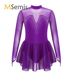 Kids Girls Ice Skating Dress Round Collar Hollow Back Sparkly Mesh Splice Roller Skating Ballet Dance Gymnastics Leotard Dress