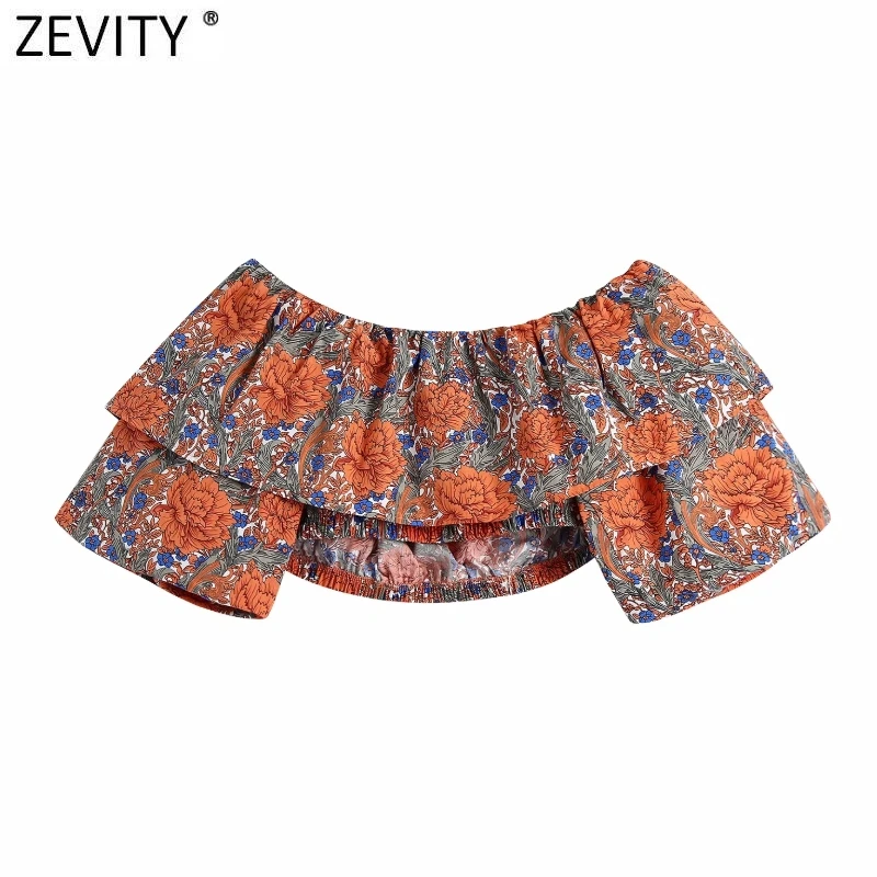 Zevity Women Holiday Tropical Floral Printing Elastic Short Smock Blouse Female Off Shoulder Ruffles Shirt Chic Crop Tops LS9218