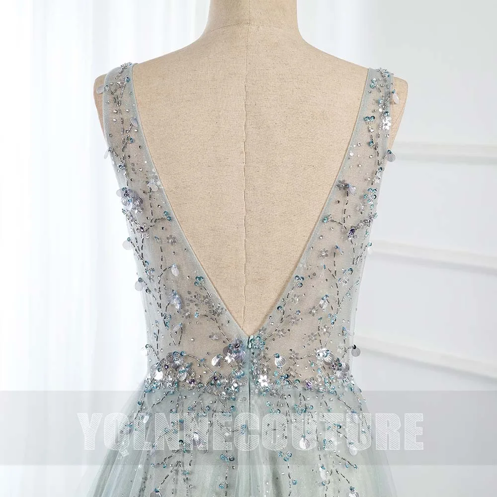 YQLNNE New Arrival Sexy Mint Long Prom Dresses V Neck Tulle Sequined Beaded Backless Formal Party Gowns