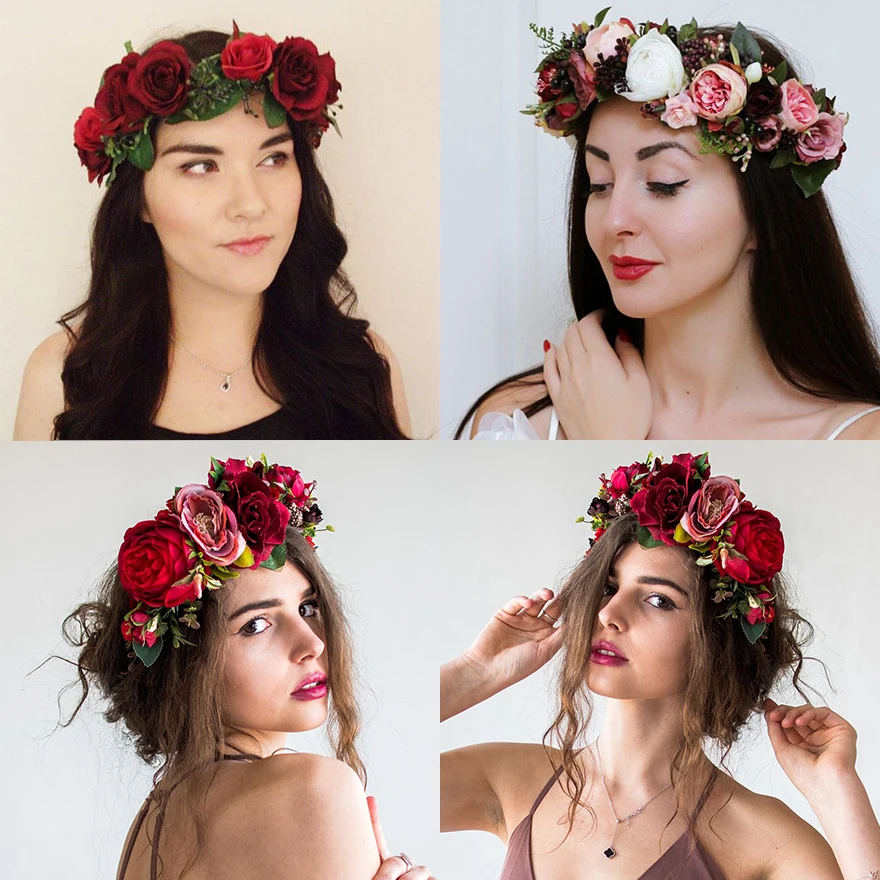 Molans Spring Rose Flower Crowns Romantic Chic Floral Garlands for Bride Wedding Boho Women Stimulated Flower Wreaths Girls