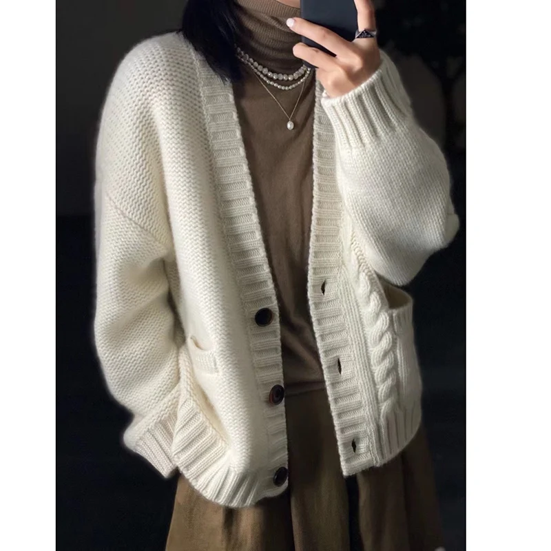 Autumn winter new fund pure cashmere cardigan female twist add thick sweater languid lazy wind loose sweater coat