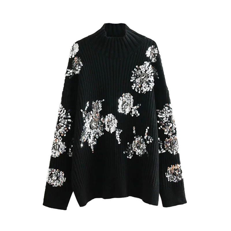 Women Fashion Beading Sequins Loose Knitted Sweaters Vintage High Collar Long Sleeve Female Pullovers Chic Tops