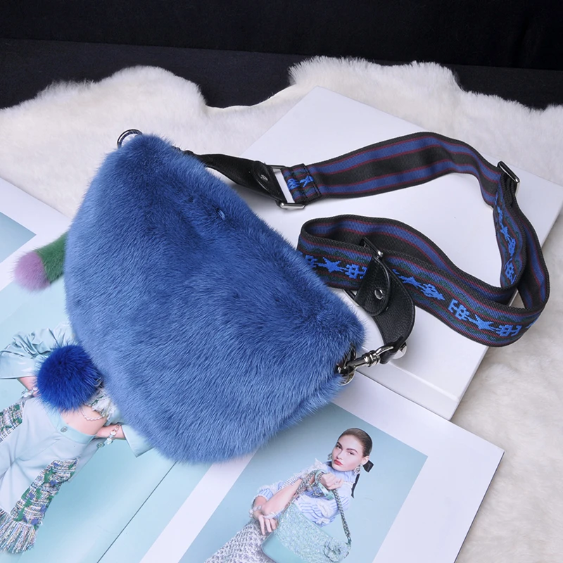 2020 Women\'s Real Mink Fur Fanny Pack Waist Bag Fluffy Warm Women Walking Mountaineering Belly Band Top Quality Zipper Crossbody