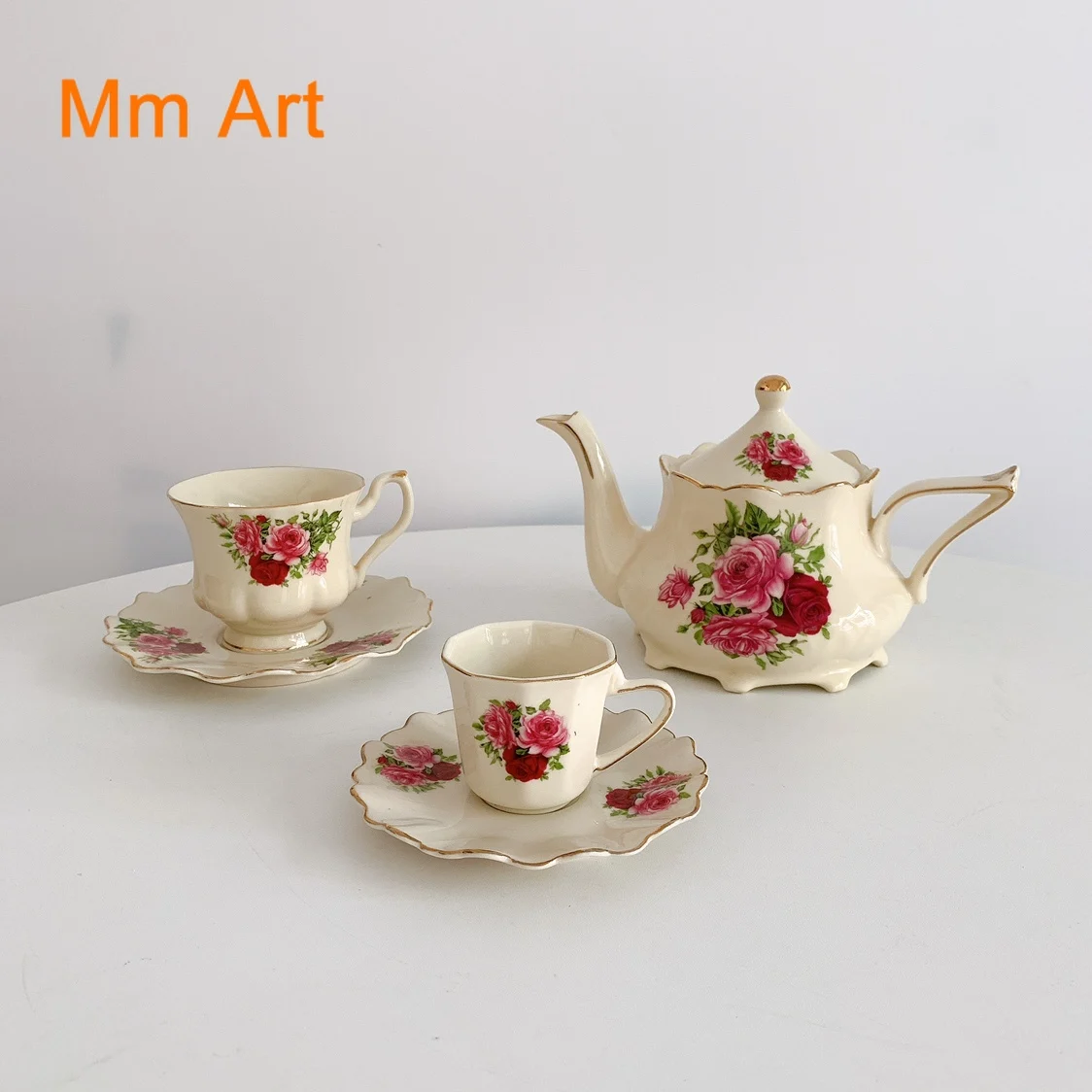 Vintage Court Style Pink Flower Ceramic Plate Pot Cup and Saucer Set Double Handle Disk