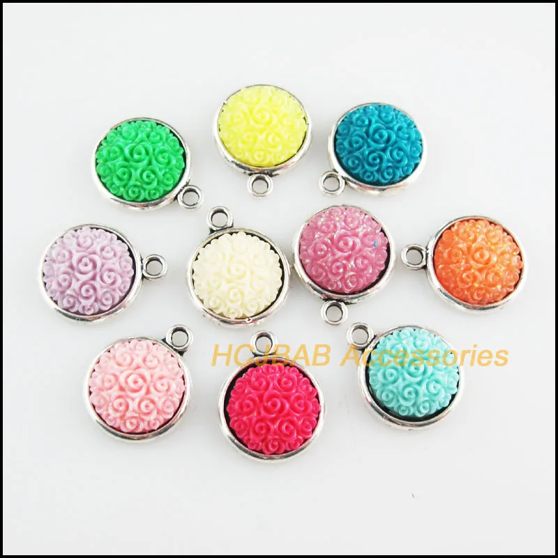 10 New Flower Charms Tibetan Silver Tone Retro Mixed Round Resin Pendants 14x17mm