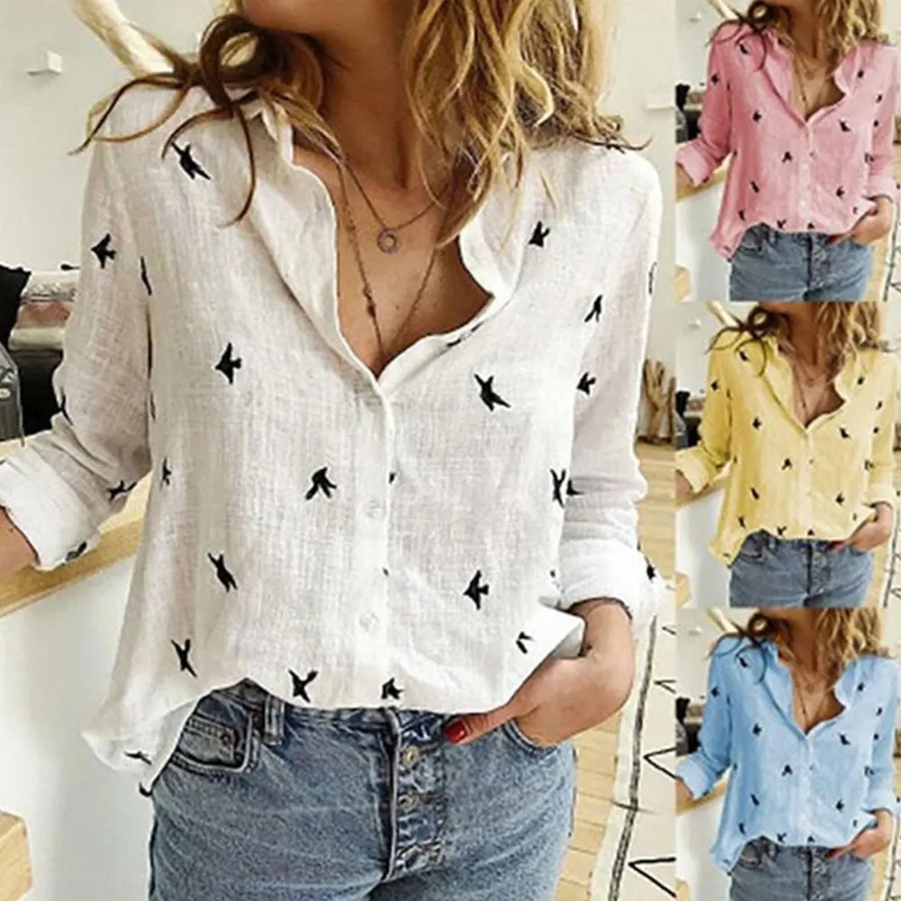 Jocoo Jolee Women Casual Birds Print Blouse Spring Summer Long Sleeve Cotton and Linen Loose Shirt Vintage Tops Tunic Oversized