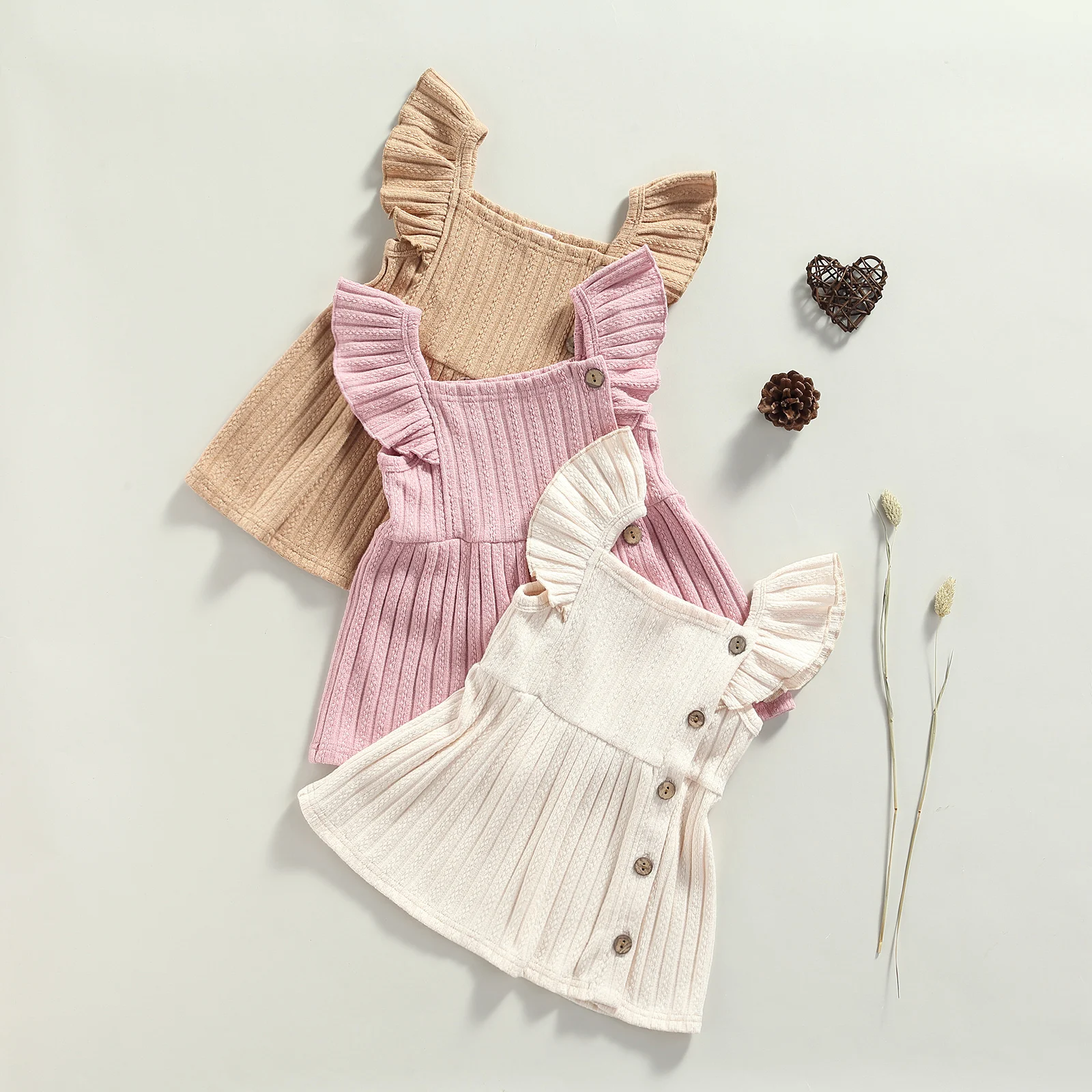 Lioraitiin 0-24M Infant Baby Girls Casual Princess Dress Solid Square Collar Fly Sleeve Clothing Pink/ Beige/ Khaki