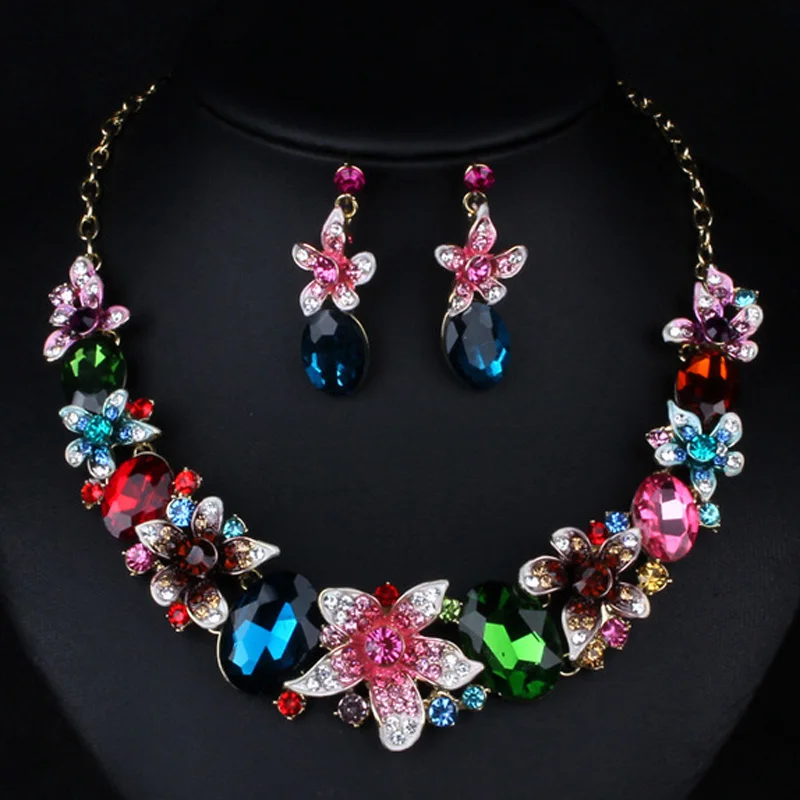 

Zlxgirl jewelry Colorful Enamel Flower wedding necklace earrings jewelry sets metal rhinestone crystal alloy bridal necklace set