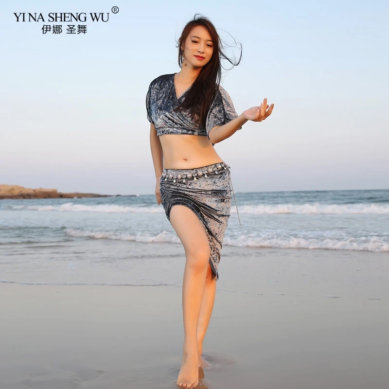 New Dance Practice Clothes Set Autumn And Winter New Sexy Belly Dance Suit Costume Top+Skirt 2pcs Dance Set Waist chain Women