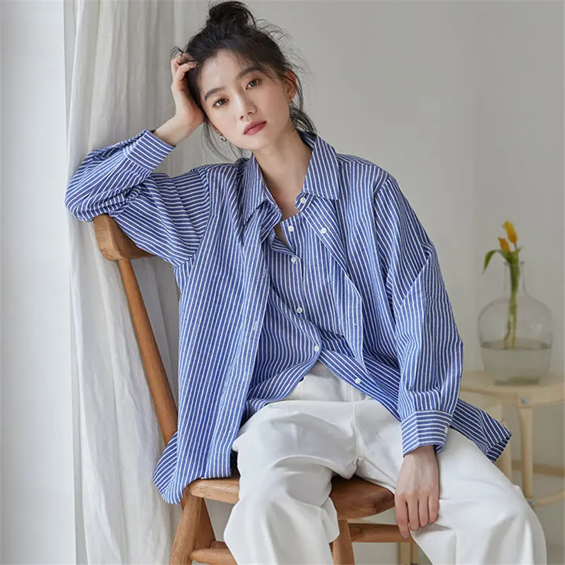 

All-Match Chic Casual Women Blouses High Quality Striped Long Sleeve Ladies T-shirt Fresh Korean Sweet Loose Shirt Top Gentle