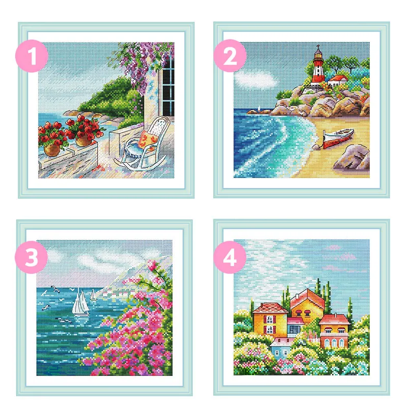 Cross Stitch Kit Precision Printing C1526 Sea View Four Blue Sea Fishxx Home Handmade Paintings