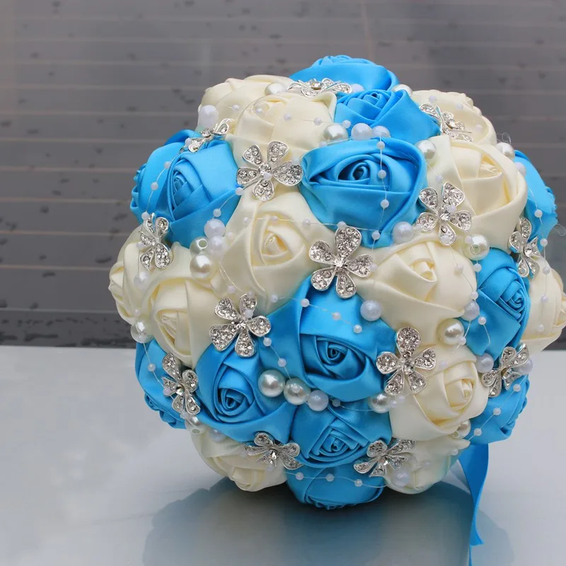 Wedding Bouquets Satin Ribbon Sweet 15 Quinceanera Bouquets Artificial Flowers Rhinestones Crystal Bridal Holding Flowers W224