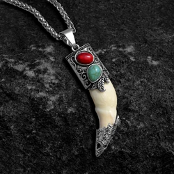 YX001 Men's Bone Pendant Necklace Stainless Steel Necklace Tibetan Amulet Fangs Real Natural Tooth Vintage Wolf Tooth Charm