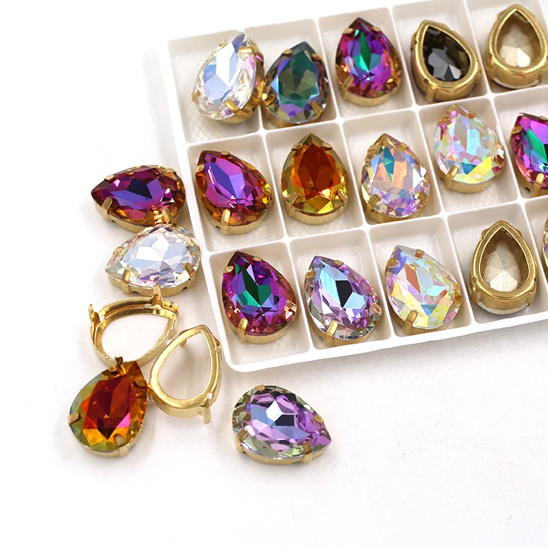 New arrivals Teardrop shape K9 glass crystal sew on rhinestones with gold Hollow frame DIY Handicrafts/clothing