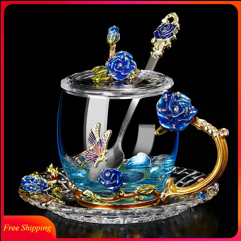 

Enamel Water Cup Heat Resistant Glass Coffee Mug with Tray Female Rose Flower Tea Cup Creative Gift Box High-end Wine Tazas