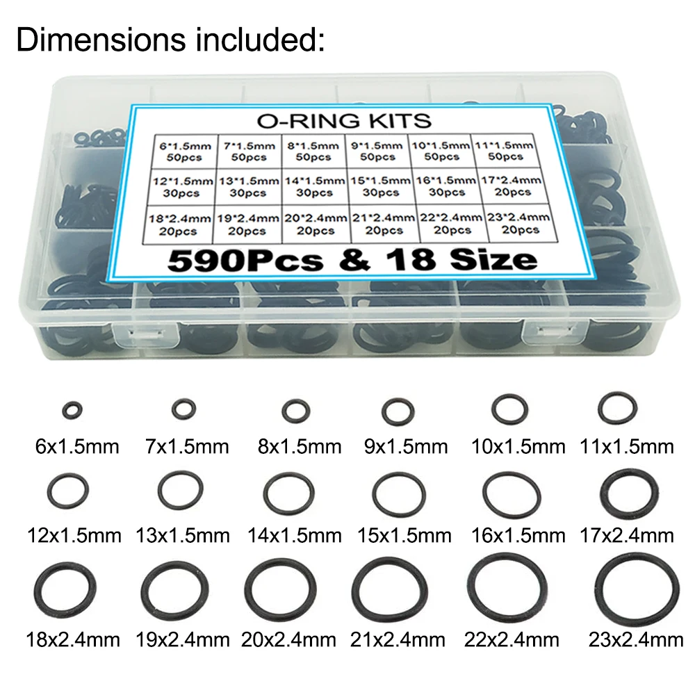 

590 шт., уплотнительные кольца из нитриловой резины, диаметр 6-23 мм, толщина от 1,5 мм до 2,4 мм