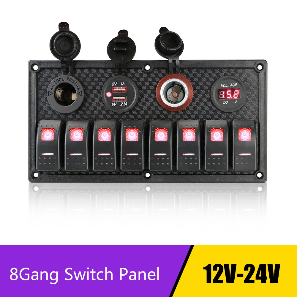 12V/24V Digital Voltmeter Car Marine RV Circuit LED Breaker 8 Gang Switch Panel Multifunction Dual USB Cigarette Lighter Socket