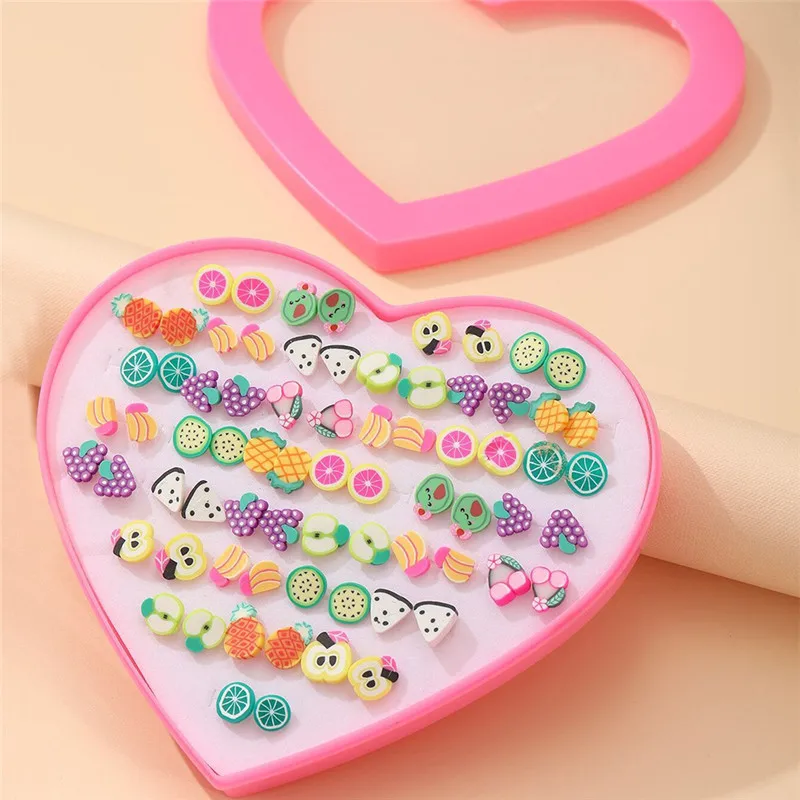 36 Pairs/Set Mix Style Small Stud Earrings Set For Girls Women Cute Heart Child Fruit Flower Clay Earring Fashion Jewelry Gift