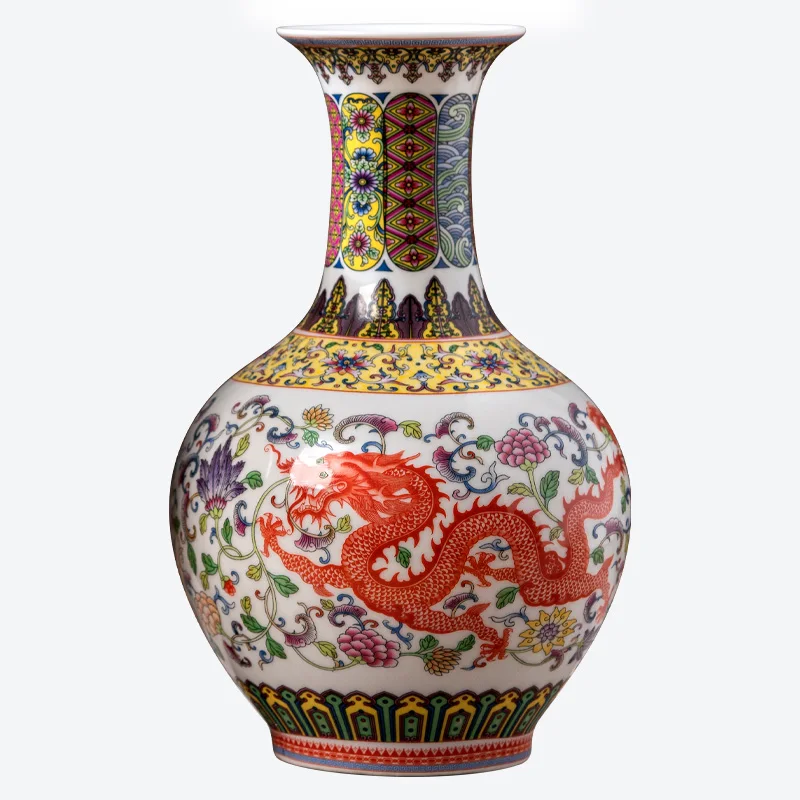 

Jingdezhen Porcelain Ware Dragon Phoenix Vase Chinese Style Living Room Decoration Antique Shelf Powder Porcelain Vase Ornament