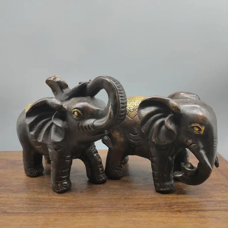 

Collectable Chinese Red copper Gilding pure brass Carved animal elephant Exquisite Statues a pair