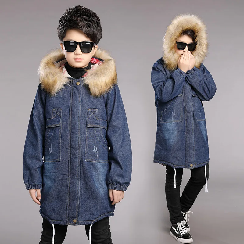 

cotton padded thickening thermal boys denim jacket fur hooded kids jean coat warm winter children's clothing