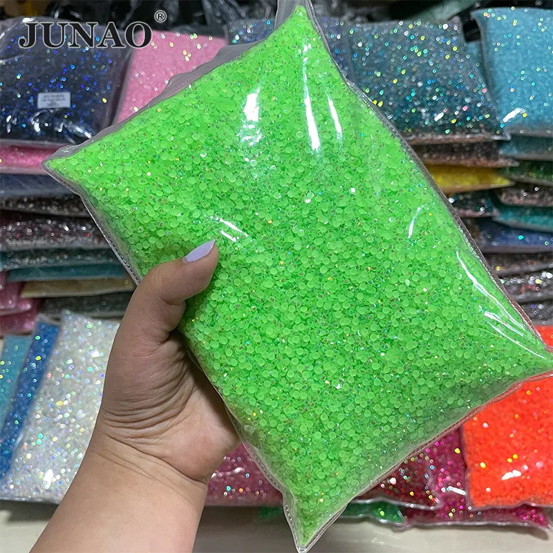 JUNAO 2mm 3mm 4mm 5mm 6mm Wholesale Jelly Green AB Flat Back Rhinestones Nail Art Decorations Stones And Crystals Strass Crafts