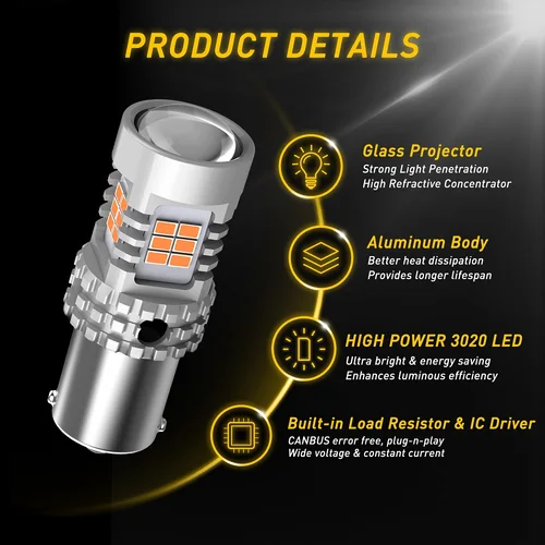 Imagen 2 del producto AUXITO 2 uds BA15S P21W LED No Hyper Flash ámbar amarillo T20 W21W 7440 WY21W 1156 BAU15S PY21W bombillas LED luz de señal de giro de coche 12V