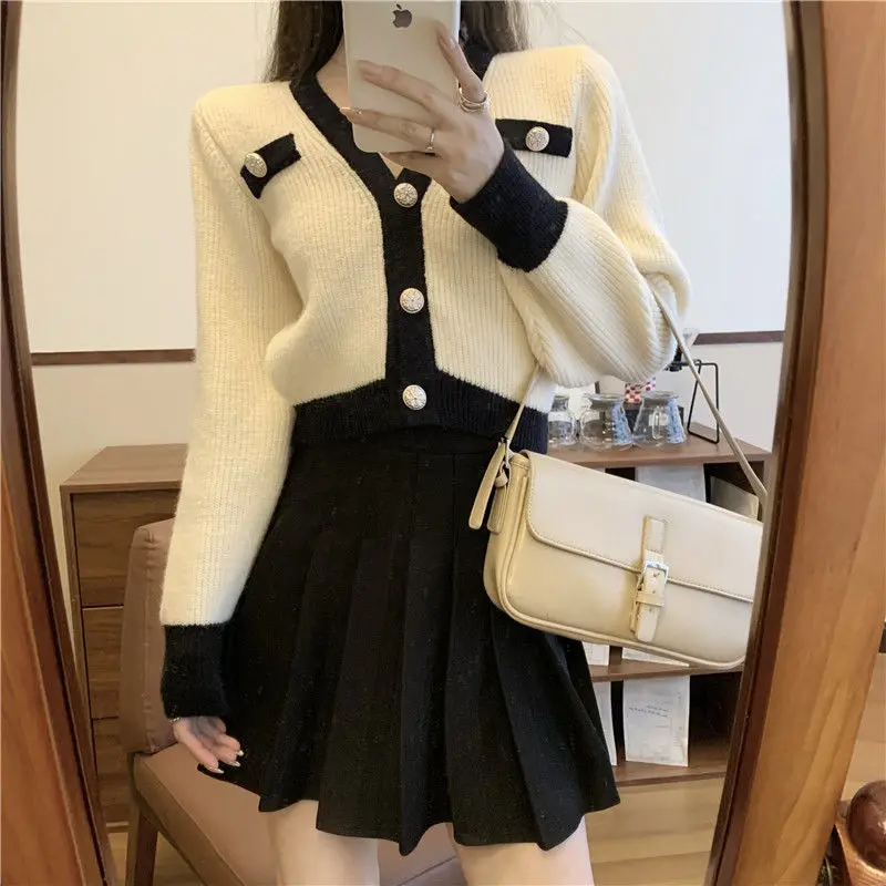 Cropped Cardigan Women Patchwork Knitting Spring Vintage Design Temperament French Leisure Simple Cozy Popular Feminine Trendy