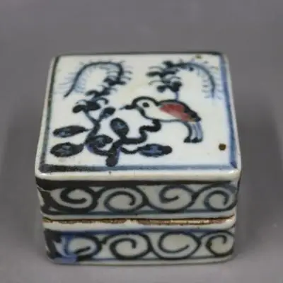 Antique porcelain blue and white underglaze red flowers and birds square printing clay box