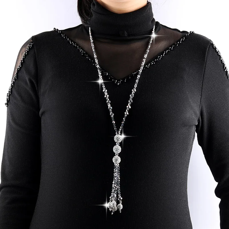 Japan Korean Fashion Shiny Crystal Beads Long Necklace 2019 Kpop Simple Joker Tassel Strand Sweater Chain Women Leisure Jewelry