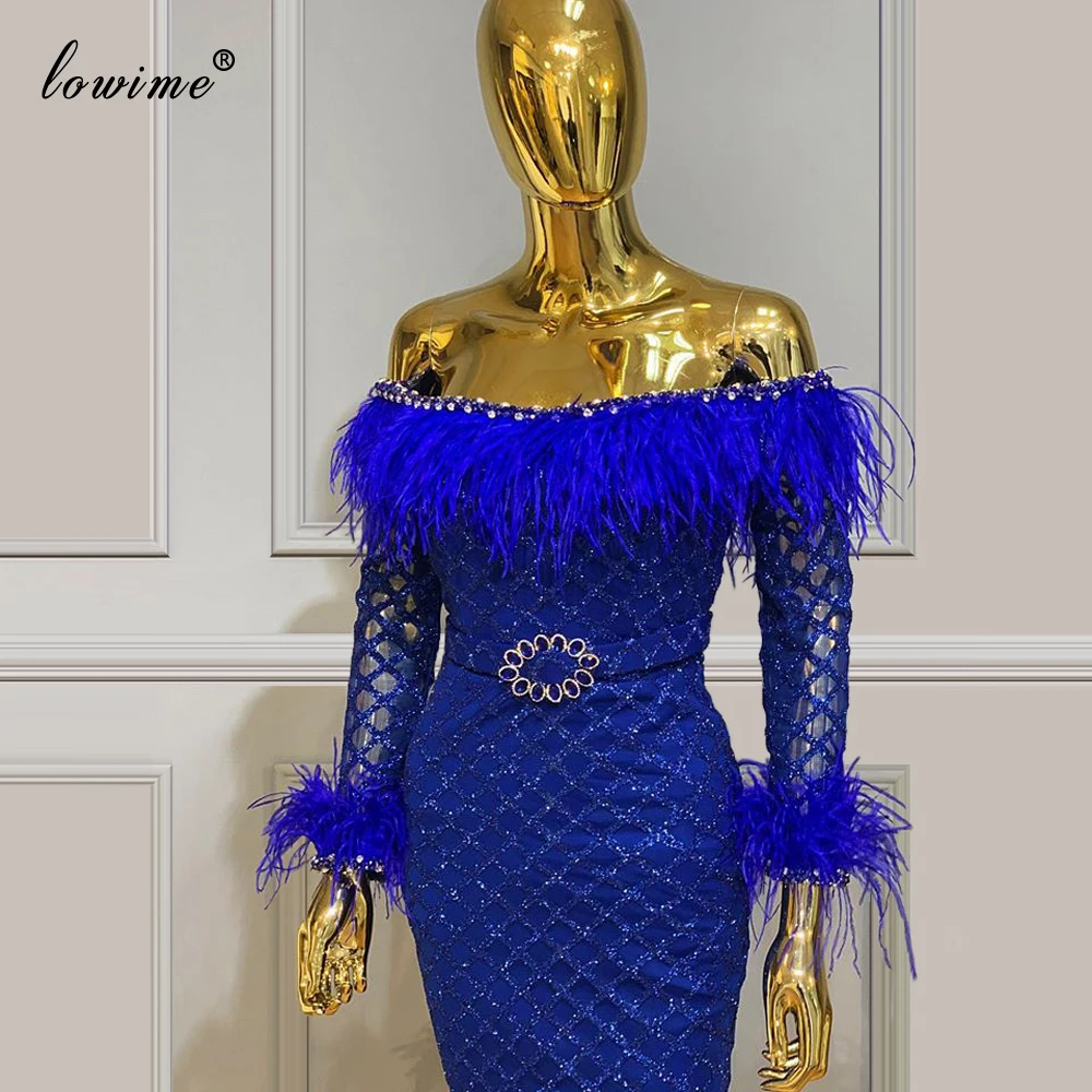 ROYAL BLUE เข่าความยาวค็อกเทล Mermaid Sparkly ผู้หญิง Dresses 2020 ตุรกี Couture ขน PARTY ชุด Vestidos