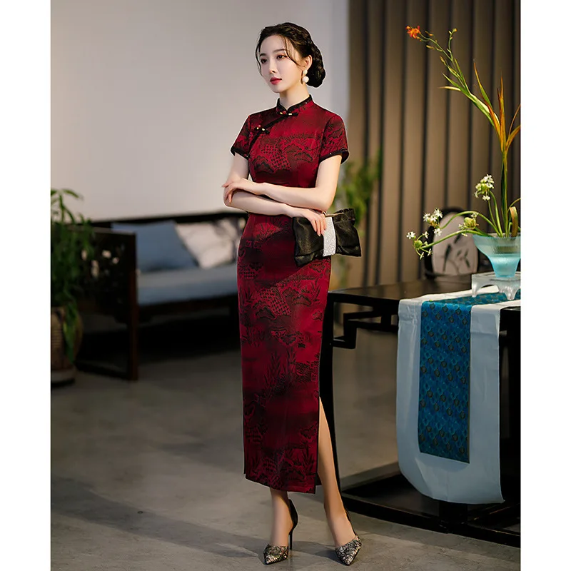 Print Leaf Vintage Button Chinese Women Classic Cheongsam Sexy Slim Long Evening Dress Summer Vestidos Mandarin Collar Qipao