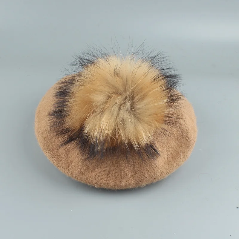 2022 New Big Real Fur Pompom Beret Women Vintage Artist Beret Hat Girls Autumn Spring Wool Knitted Cap