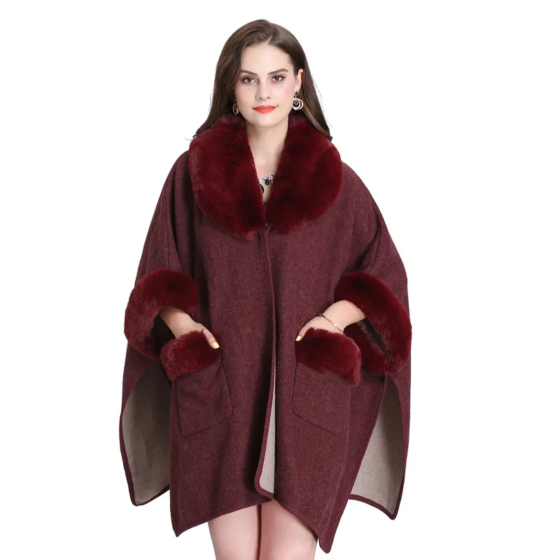 8 Colors Women Winter Faux Fox Fur Collar Poncho New Plus Size Batwing Sleeve Long Cardigan Streetwear Loose Warm Cloak Coat