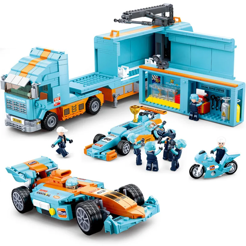 SLUBAN F1 Sports Racing Formula Car City Service Centre MOC Classic Model Vehicle Transporter Building Blocks Figures Bricks