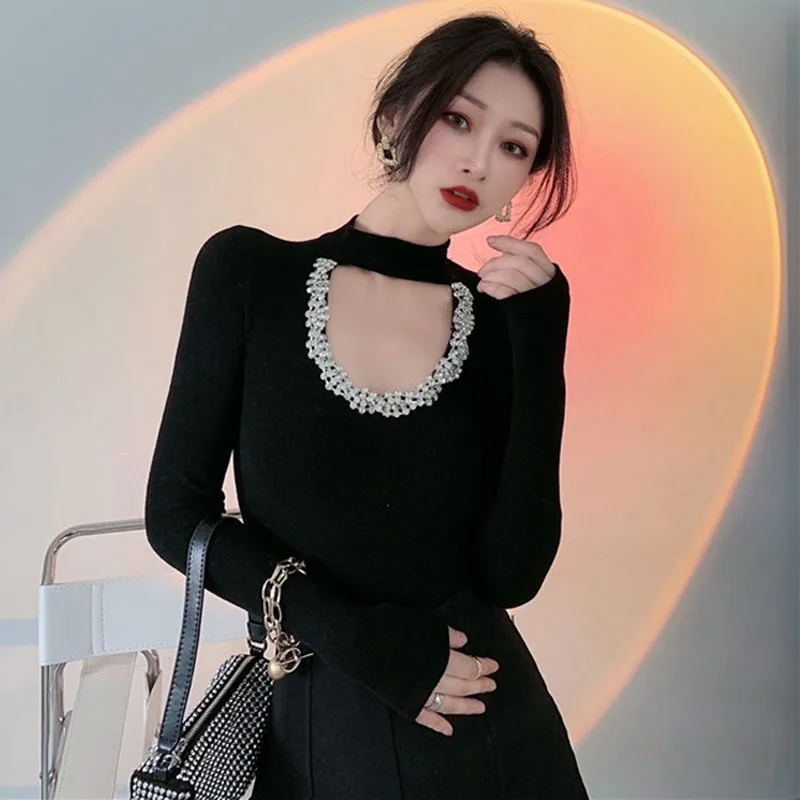 2022 Sexy T Shirts for Women Fashion Turtleneck Hollow Out Tops Design Rhinestone Slim Base Long Sleeve Elegant Lady T Shirts